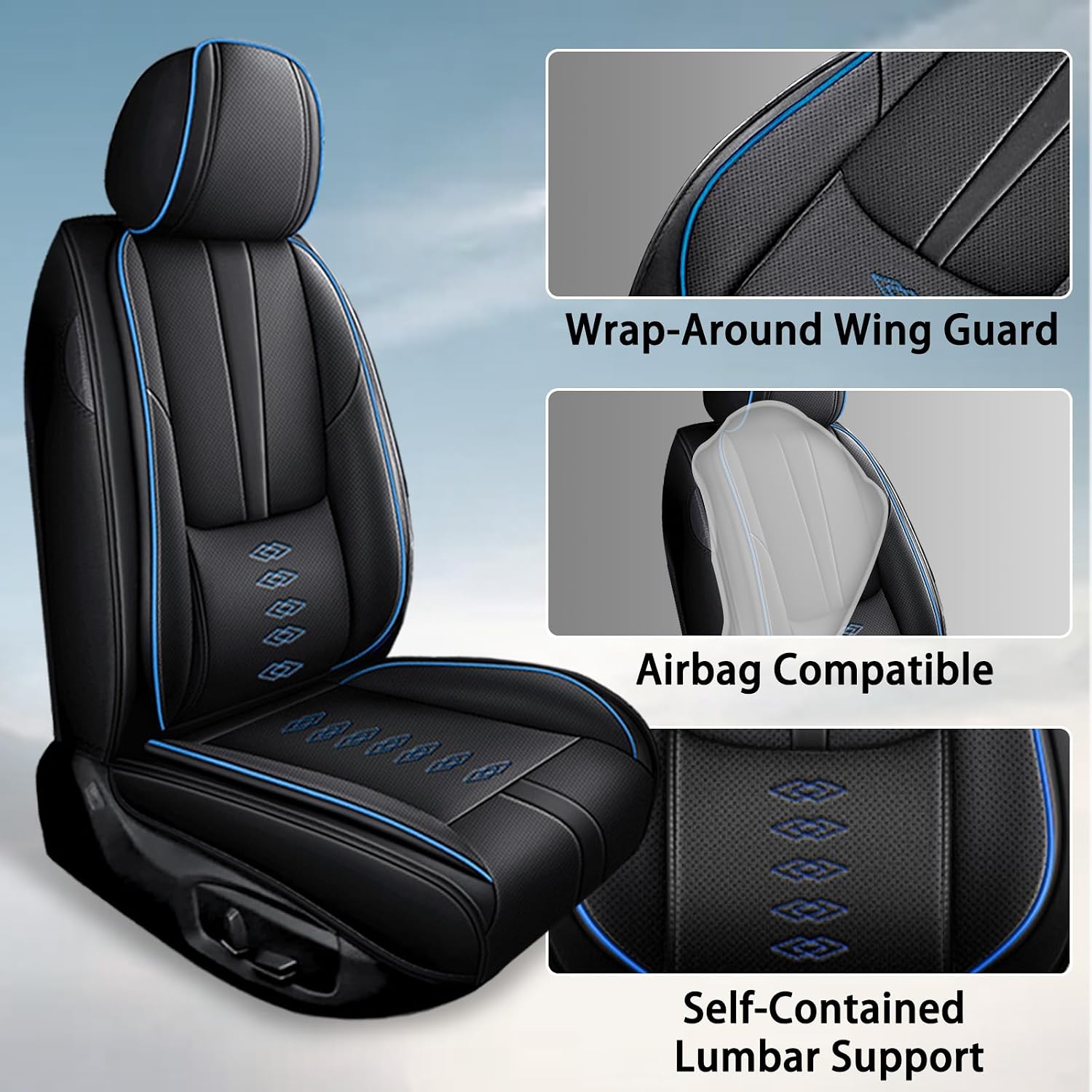 Car Seat Covers 5 Seats Fit for Mitsubishi Montero 1999-2005,Waterproof Leather Seat Covers,Airbag Compatible,Car Seat Protectors Interior Sets(Full Set,Black&Blue)
