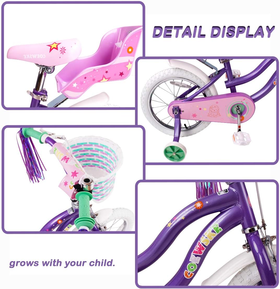 Kid's Bike Steel Frame Children Bicycle Little Princess Style 12-14-16-18-20 Inch with Training Wheel