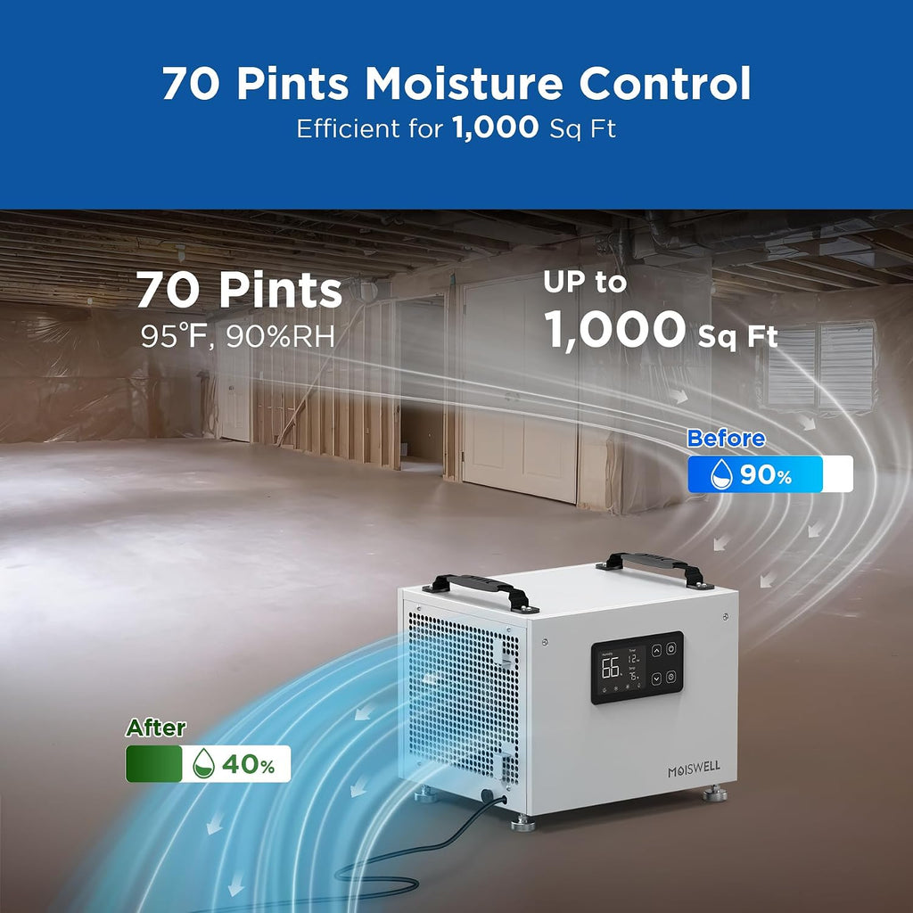 70 Pints Commercial Dehumidifier, Portable Crawl Space Dehumidifier for Basement Energy Star Certified Compact Dehumidifiers for Home with Drain Hose, Auto Defrost, Timer