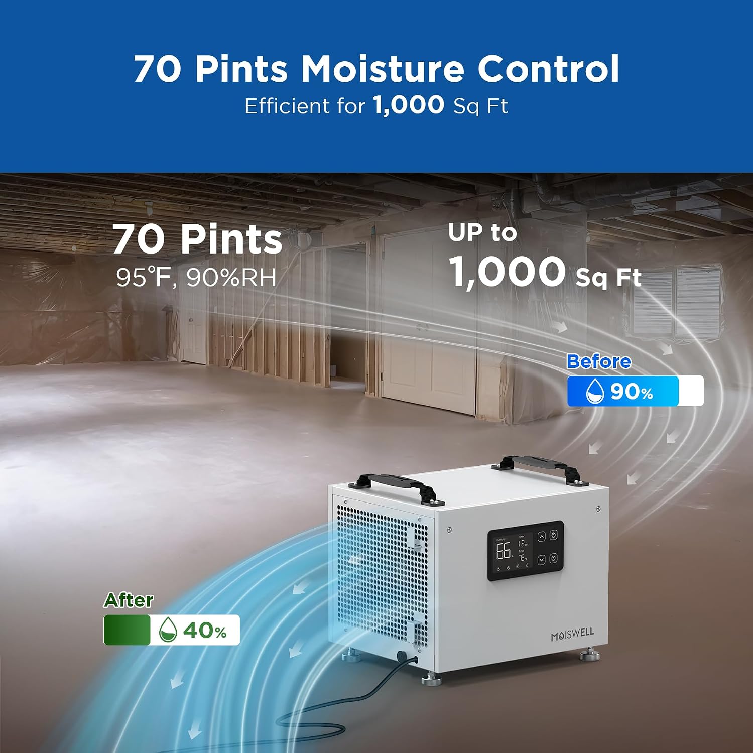 70 Pints Commercial Dehumidifier, Portable Crawl Space Dehumidifier for Basement Energy Star Certified Compact Dehumidifiers for Home with Drain Hose, Auto Defrost, Timer