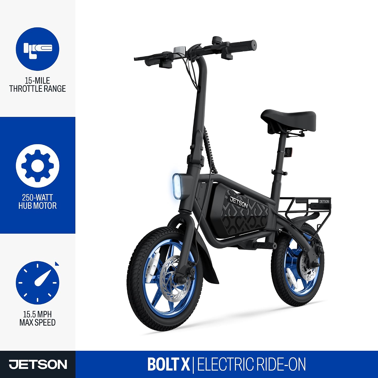 Jetson Bolt Electric Bike, Foot Pegs, Easy-Folding, Built-in Carrying Handle, Twist Throttle, Cruise Control, Up to 15.5 MPH, Range Up to 15 Miles, Ages 13+