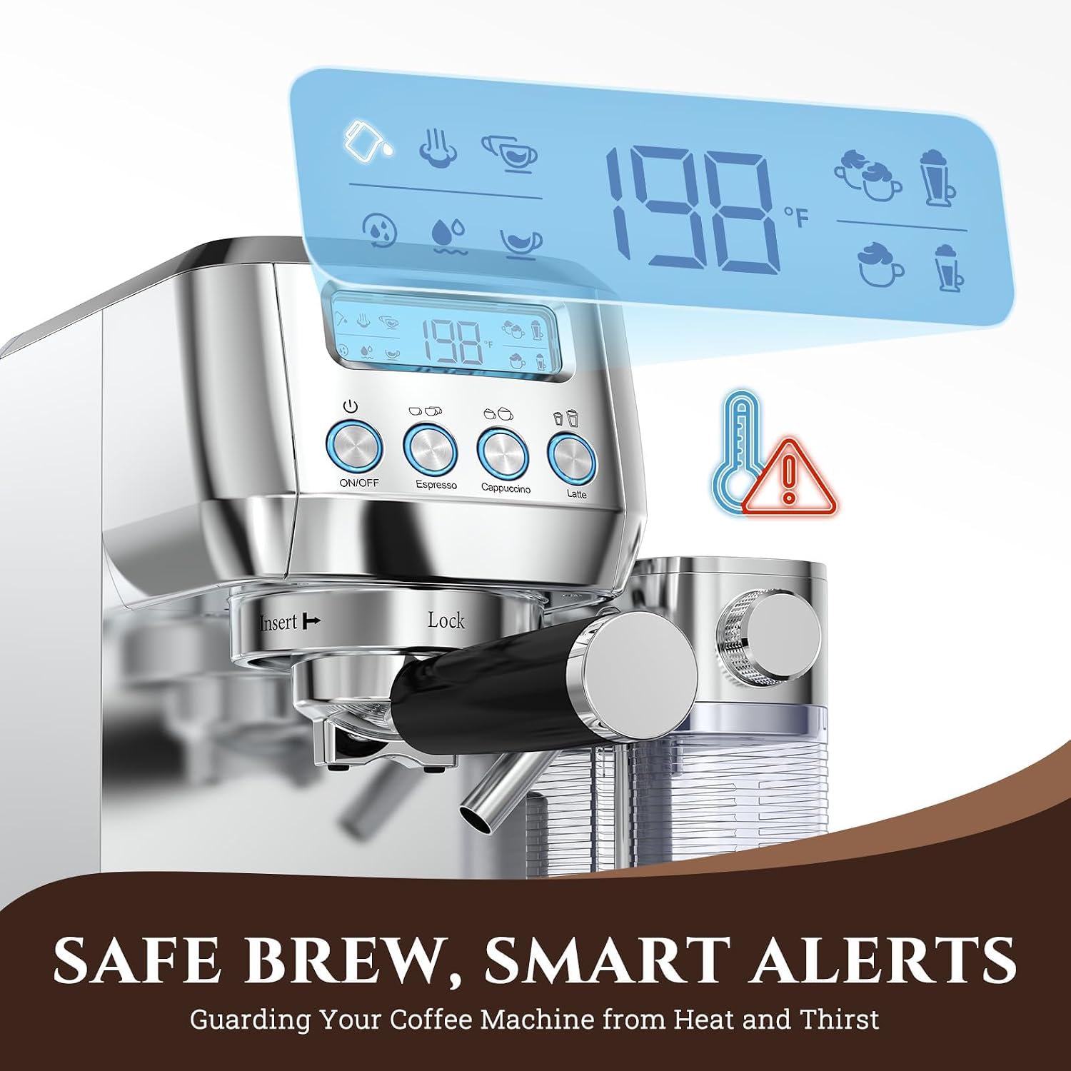 AMZCHEF Espresso Machine with LCD Display, 20 Bar Cappuccino Machines with Automatic Milk Frother for Home Gifts, Latte Coffee Maker with Dual Wall & Filters, Stainless Steel Style sliver