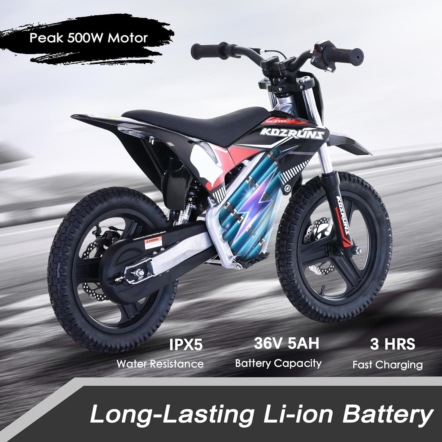 OLALA 36V Electric Dirt Bike for Kids 4-8, 350W Brushless Motor with 3-Speed Control, 18.6 MPH Max Speed, 14' Off-Road Tires Motorcycle, for Boys & Girls, Black