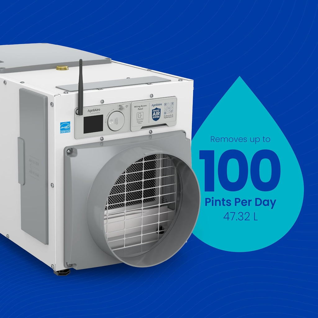 AprilAire E100W Smart Wi-Fi Whole-House Dehumidifier 100-Pint ENERGY STAR Commercial Dehumidifier for Basement, Crawl Space & Home up to 4,400 Sq.Ft. with Pump, Drain Hose, Hanging Kit, MERV 11 Filter