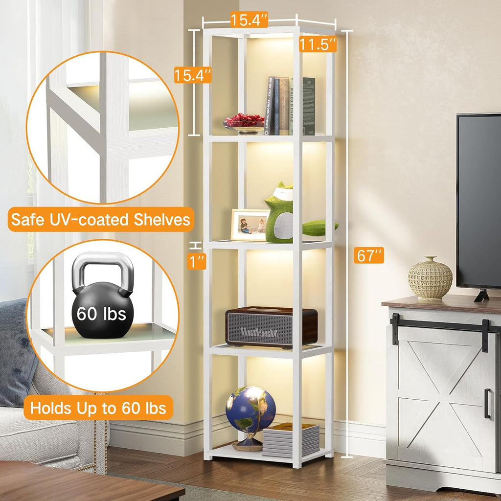OUTON 67' Glass Display Shelf with Dimmable LED Floor Lamp, Collectibles Display Cabinet with Remote & App Control, 5 Tier Open Bookshelf Lamp for Living Room, Bedroom, Office, Home Decor, White