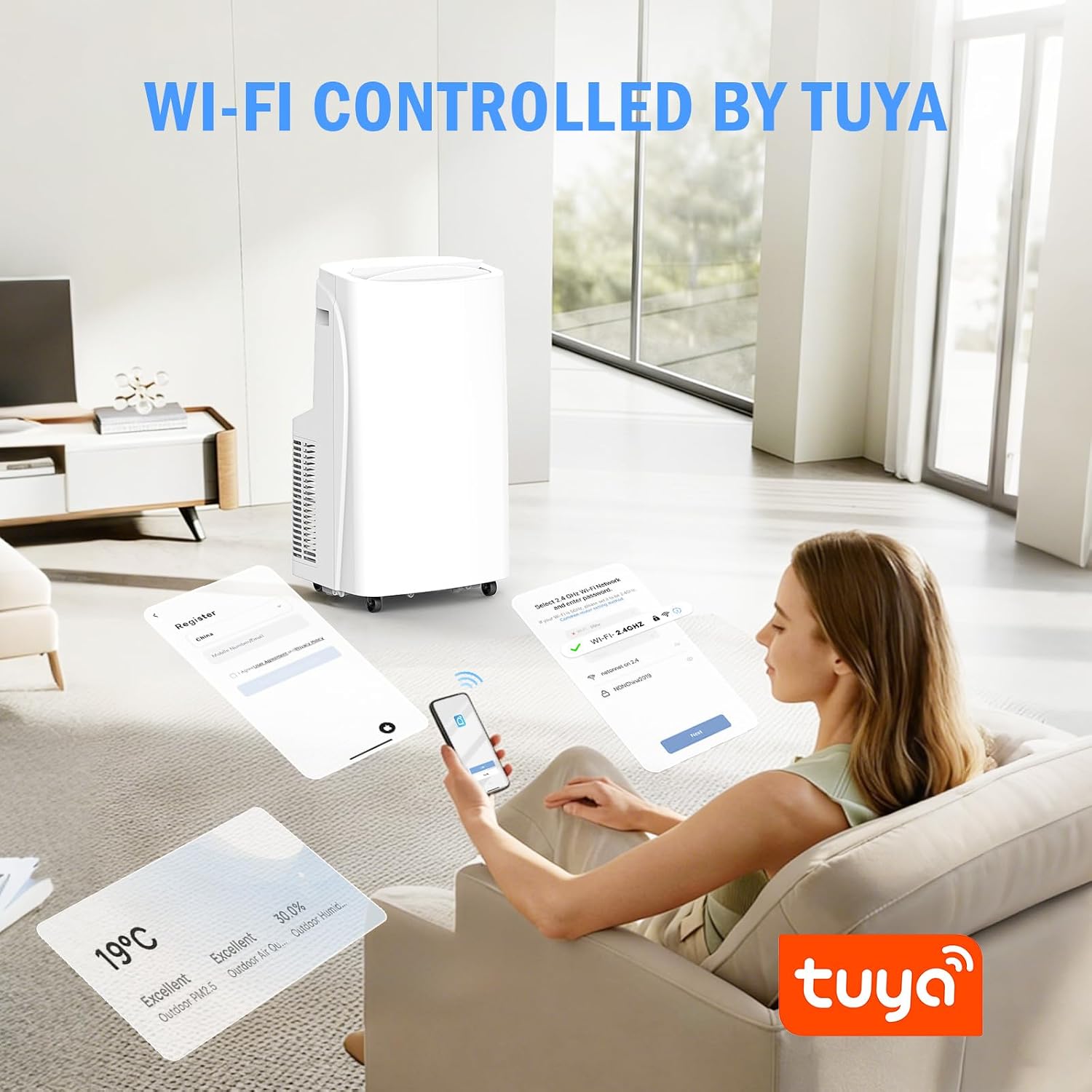 14000 BTU Portable Air Conditioners, Wi-Fi Smart Portable AC Unit, Cools Up to 700 Sq.Ft, 3-in-1 Cool/Dehumidify/Fan with Remote Control, 360° Wheels for Bedroom/Large Room
