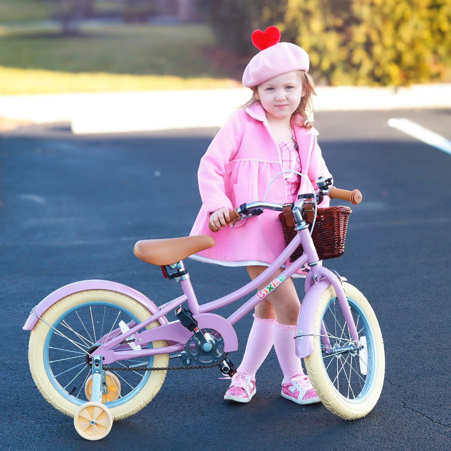 Bixike Retro Design Girls Bike with Basket and Coaster Brake for 3-13 Years Old Kids, 14 16 18 Inch Cruiser Bicycle for Toddlers with Training Wheels, 20 24 26 Inch with Kickstand, Multiple Colors