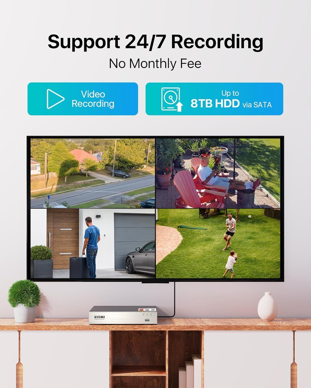 ZOSI 8CH 3K Lite Home Security Camera System Outdoor Indoor, AI Human/Vehicle Detection, Night Vision, 4pcs 1920TVL 1080P Metal CCTV Cameras, Remote Access, H.265+ 8 Channel Video DVR No Hard Drive