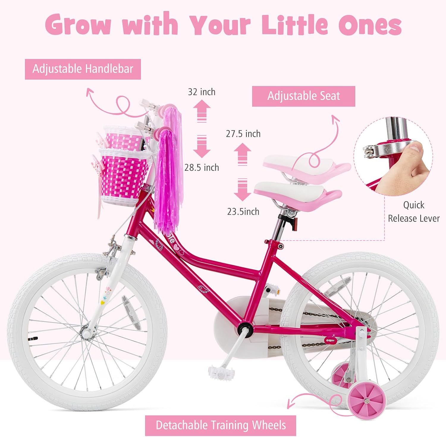 BABY JOY Girls Bike, 12' 14' 16' 18' Kids Bike for 3-8 Years Old with Training Wheels, Adjustable Seat & Handlebar, Handbrake & Coaster Brake, Children Bicycle
