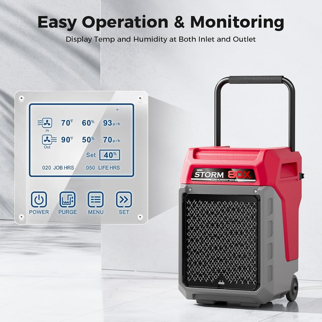ALORAIR 170 PPD Commercial Dehumidifier with Pump & Drain Hose, LGR Industrial Use, Portable Dehumidifier with Wheels for Water Damage Restore, Carpet Drying, Storm 80X (Red)