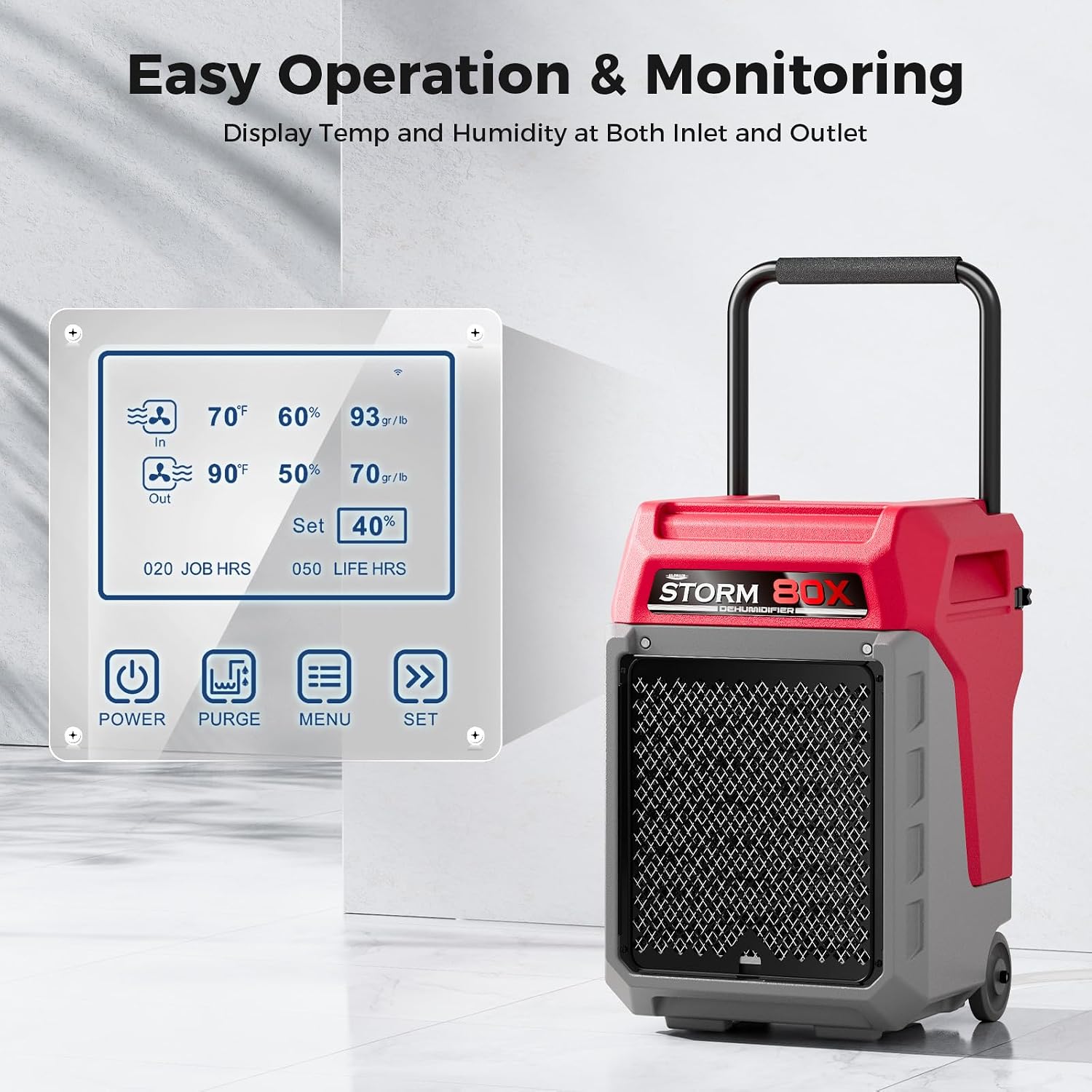 ALORAIR 170 PPD Commercial Dehumidifier with Pump & Drain Hose, LGR Industrial Use, Portable Dehumidifier with Wheels for Water Damage Restore, Carpet Drying, Storm 80X (Red)