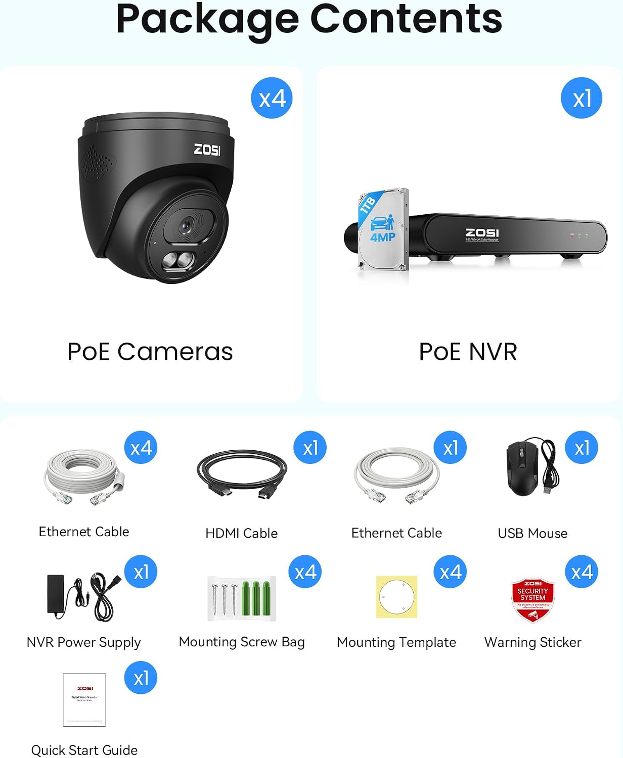 ZOSI C220 4CH 4MP QHD 2.5K PoE Home Security Camera System, 4 x 4MP(1440p) Dome IP Cameras Outdoor Indoor, Smart AI Human Detection, Two-Way Audio, 4CH 5MP 3K NVR with 1TB HDD for 24/7 Record