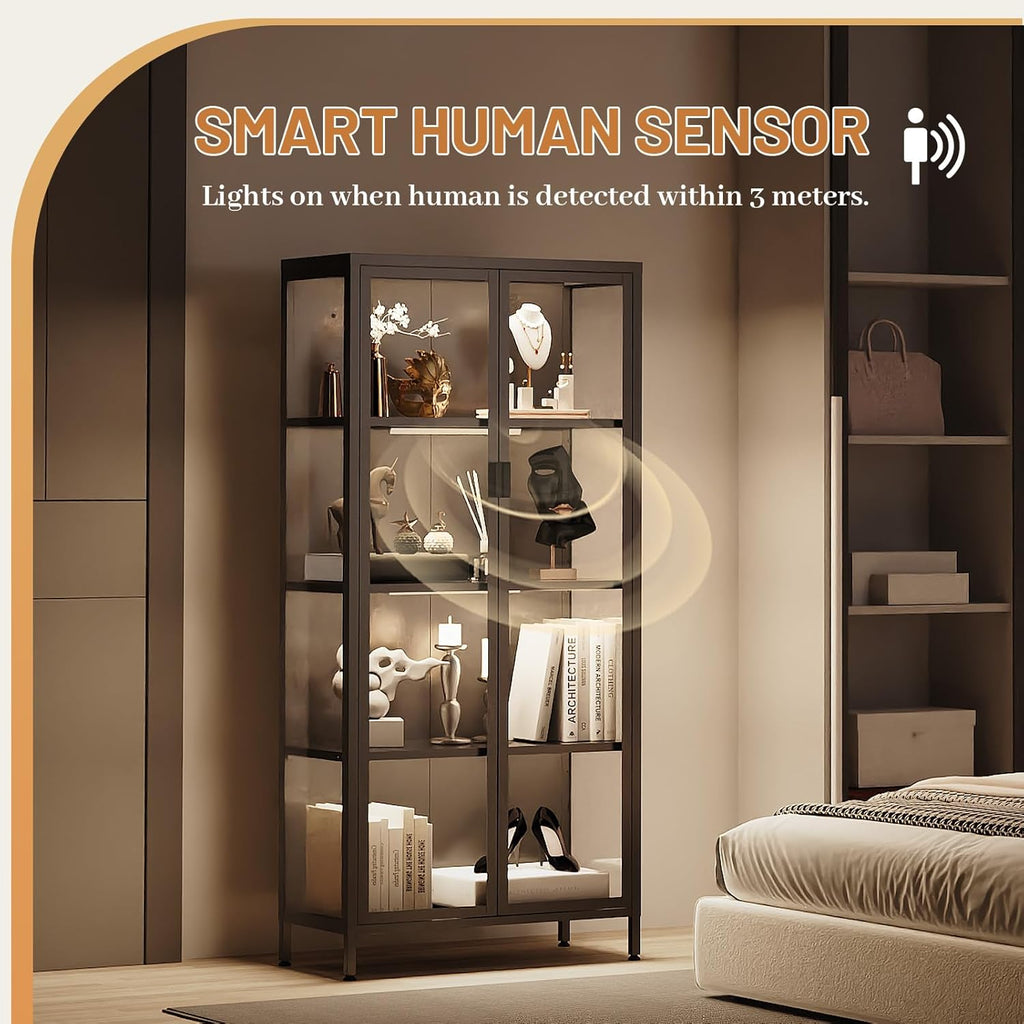 Eltean 63' H Display Cabinet with Glass Doors,4 Tiers Curio Display Case with 3 Colors LED Sensor Light,Glass Display Cabinets for Collectible with 3 Adjustable Shelves for Living Room,Bedroom,Office