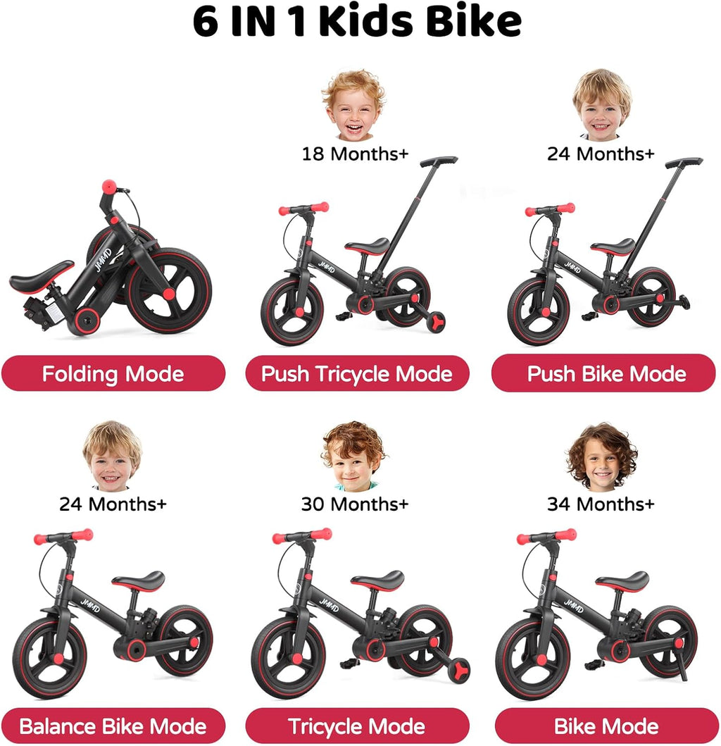 JMMD 6 in 1 Toddler Bike with Push Handle for Kids 18-60 Months, 12' Foldable Balance Bike with Training Wheels, Pedals, Brakes, Kickstand, Push Tricycle Toddler Gift & Toys for Boy & Girl