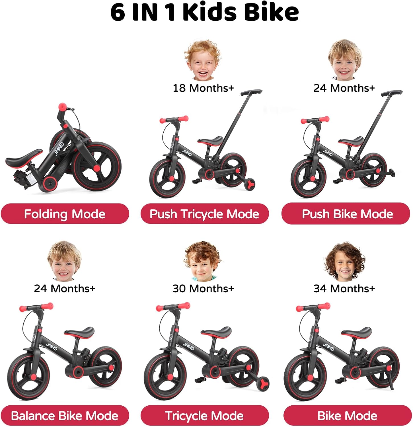 JMMD 6 in 1 Toddler Bike with Push Handle for Kids 18-60 Months, 12' Foldable Balance Bike with Training Wheels, Pedals, Brakes, Kickstand, Push Tricycle Toddler Gift & Toys for Boy & Girl