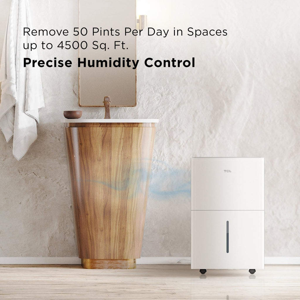 TCL 4,500 Sq. Ft. Smart Dehumidifier, Energy Star Most Efficient 2024, 50 Pints Per Day, Ideal for Basements, Rooms, and Other Living Spaces, Compatible with Alexa/Google Assistant – H50D44W