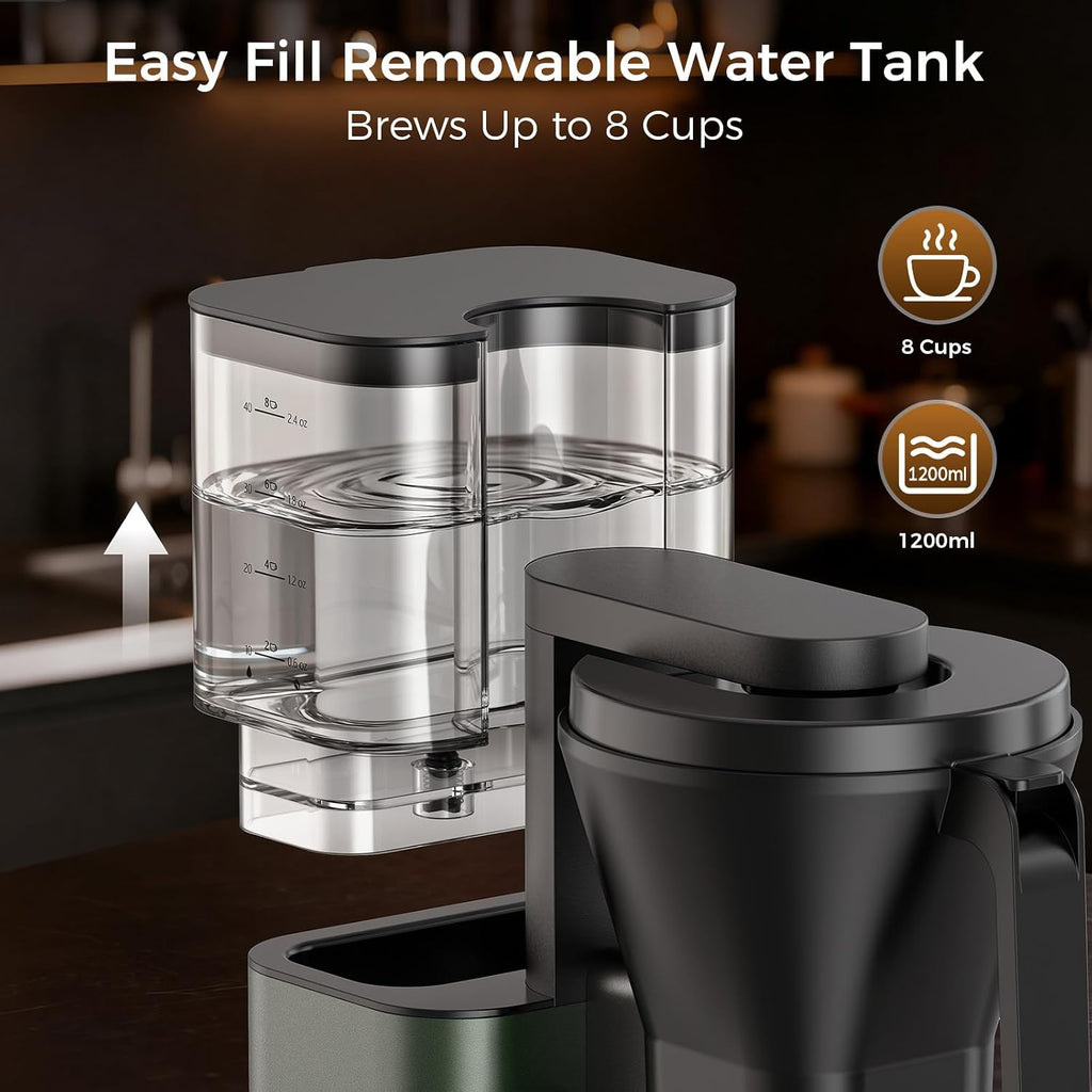 Kismile SCA-Certified 8 Cup Drip Coffee Maker, Pour Over Coffee Machine with 3s Instant Heat 197–205℉, Adjustable Flow Control, Removable Water Tank, Deep Cold Brew & 40 Min Keep Warm (Juniper)