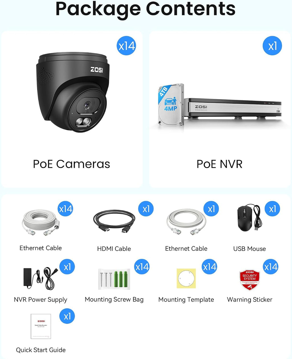 ZOSI C220 16CH 4K PoE Home Security Camera System, 16 Channel 4K 8MP NVR with 4TB HDD for 24/7 Record, 14 x 4MP(1440p) QHD 2.5K Dome IP Cameras Outdoor Indoor, Smart AI Human Detection, Two-Way Audio