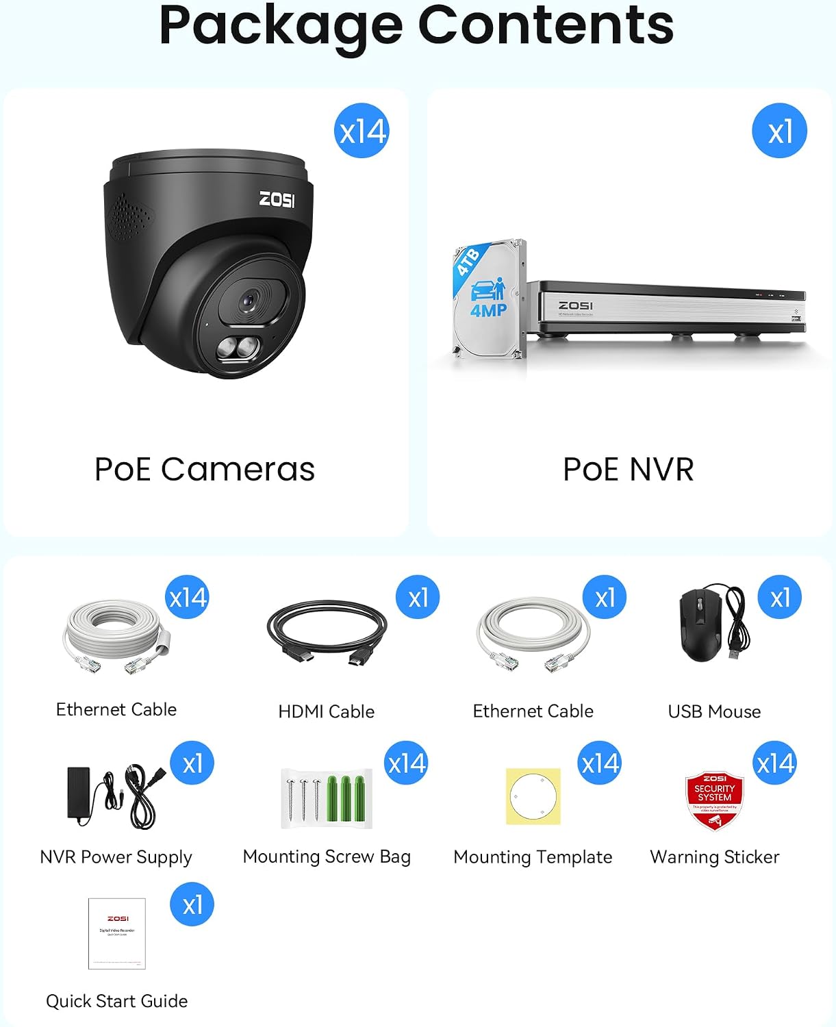 ZOSI C220 16CH 4K PoE Home Security Camera System, 16 Channel 4K 8MP NVR with 4TB HDD for 24/7 Record, 14 x 4MP(1440p) QHD 2.5K Dome IP Cameras Outdoor Indoor, Smart AI Human Detection, Two-Way Audio