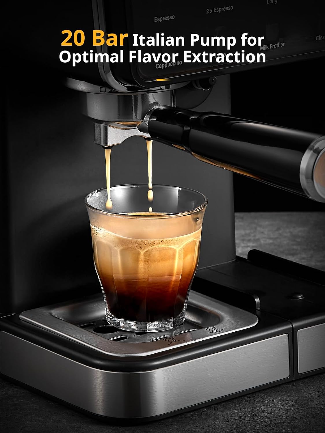 Yabano Espresso Machine with LED Touch Screen, 20 Bar Pressure & Automatic Milk Frother, 1.5L Water Tank, for Cappuccino, Americano & Latte, 1350W