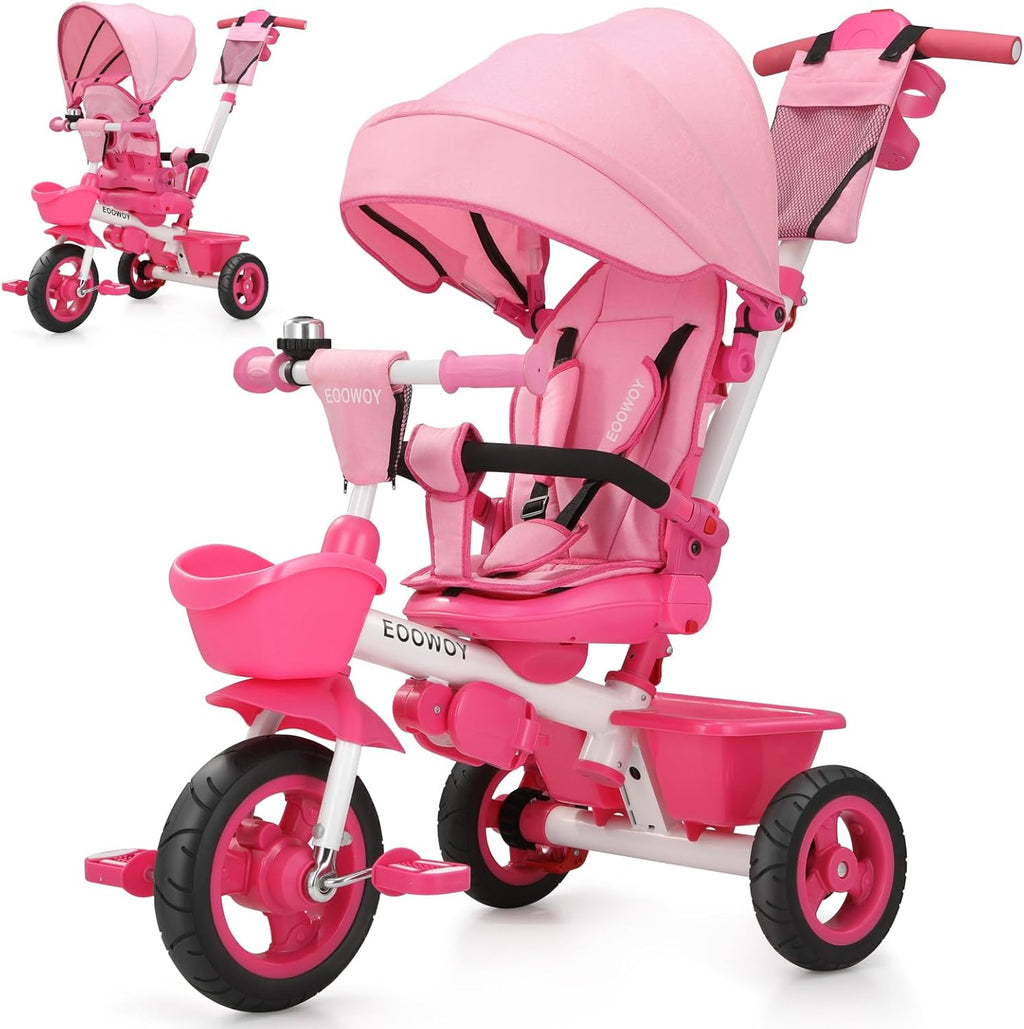 EOOWOY Toddler Tricycle with Push Handle, 7 in 1 Stroller Trike with 360° Swivel Seat, Reclining Backrest, All-Terrain Wheels, Dual Brakes, Canopy & Storage, Gift for Kids 18 Months to 5 Years, Pink
