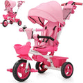 EOOWOY Toddler Tricycle with Push Handle, 7 in 1 Stroller Trike with 360° Swivel Seat, Reclining Backrest, All-Terrain Wheels, Dual Brakes, Canopy & Storage, Gift for Kids 18 Months to 5 Years, Pink