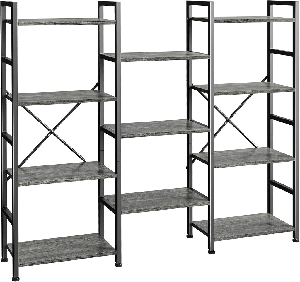 SUPERJARE Triple Bookshelf, Bookcase with 11 Open Display Shelves, Wide Book Shelf Book Case for Home & Office, 4 Tier, Grey