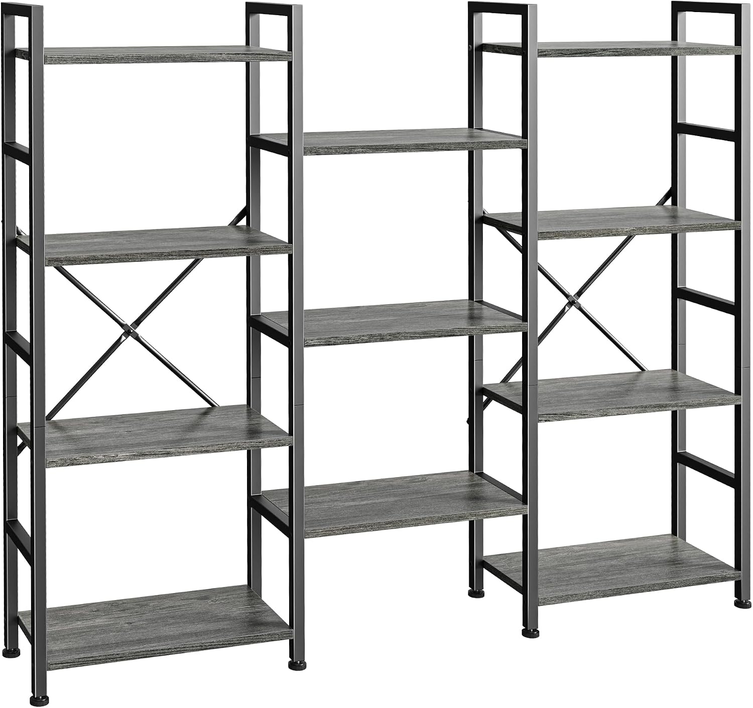 SUPERJARE Triple Bookshelf, Bookcase with 11 Open Display Shelves, Wide Book Shelf Book Case for Home & Office, 4 Tier, Grey