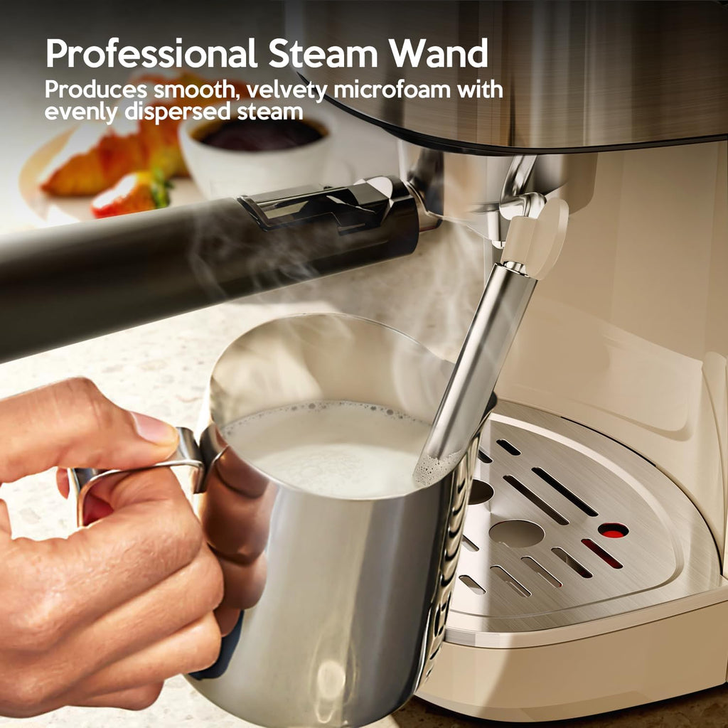 20 Bar Espresso Machine Semi-Automatic, Professional Coffee Maker with Milk Frother Steam Wand & 45OZ Removable Water Tank, Home Barista System for Cappuccino, Latte, Americano-Stainless Steel-White
