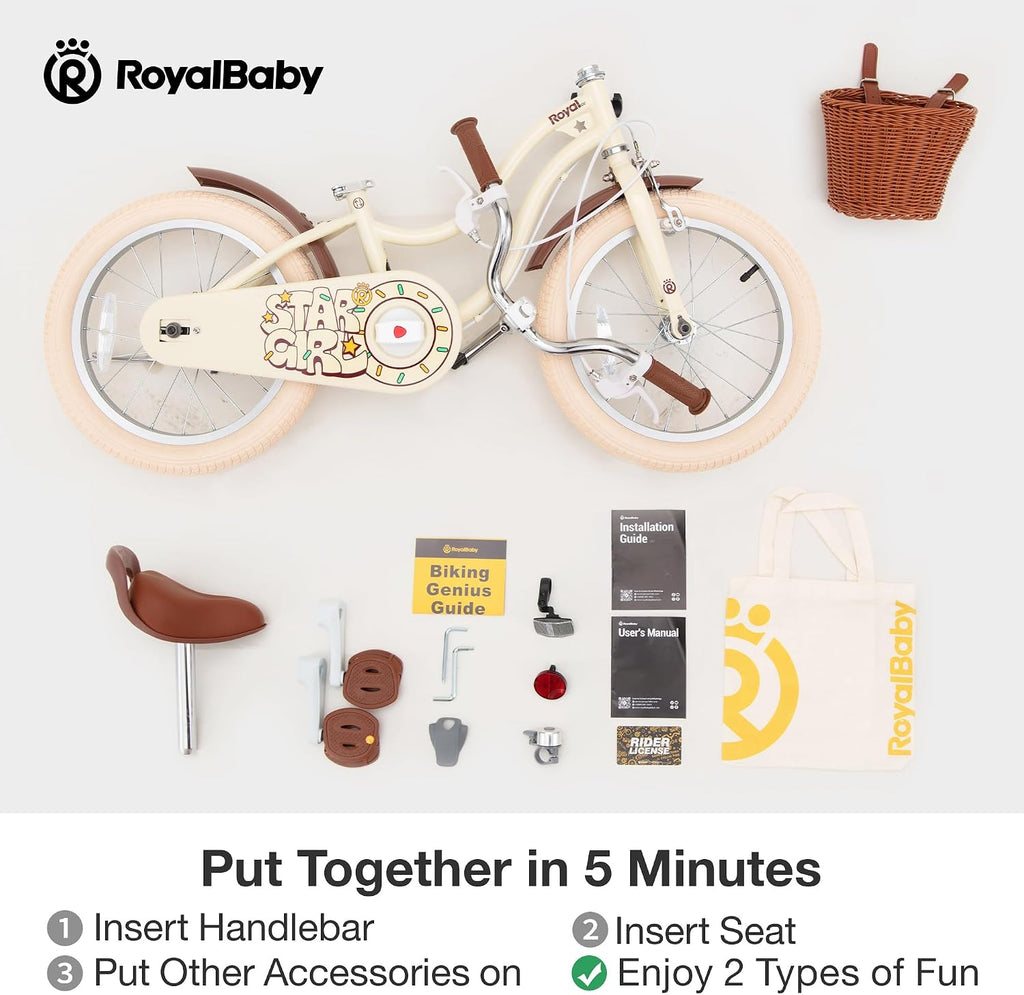 RoyalBaby Girls Bike, Stargirl EZ Kids Bike Balance and Pedal Bicycle with Basket and Dual Handbrake, 12 14 16 18 Inch Toddlers to Big Kids 3-8 Years, Multiple Colors