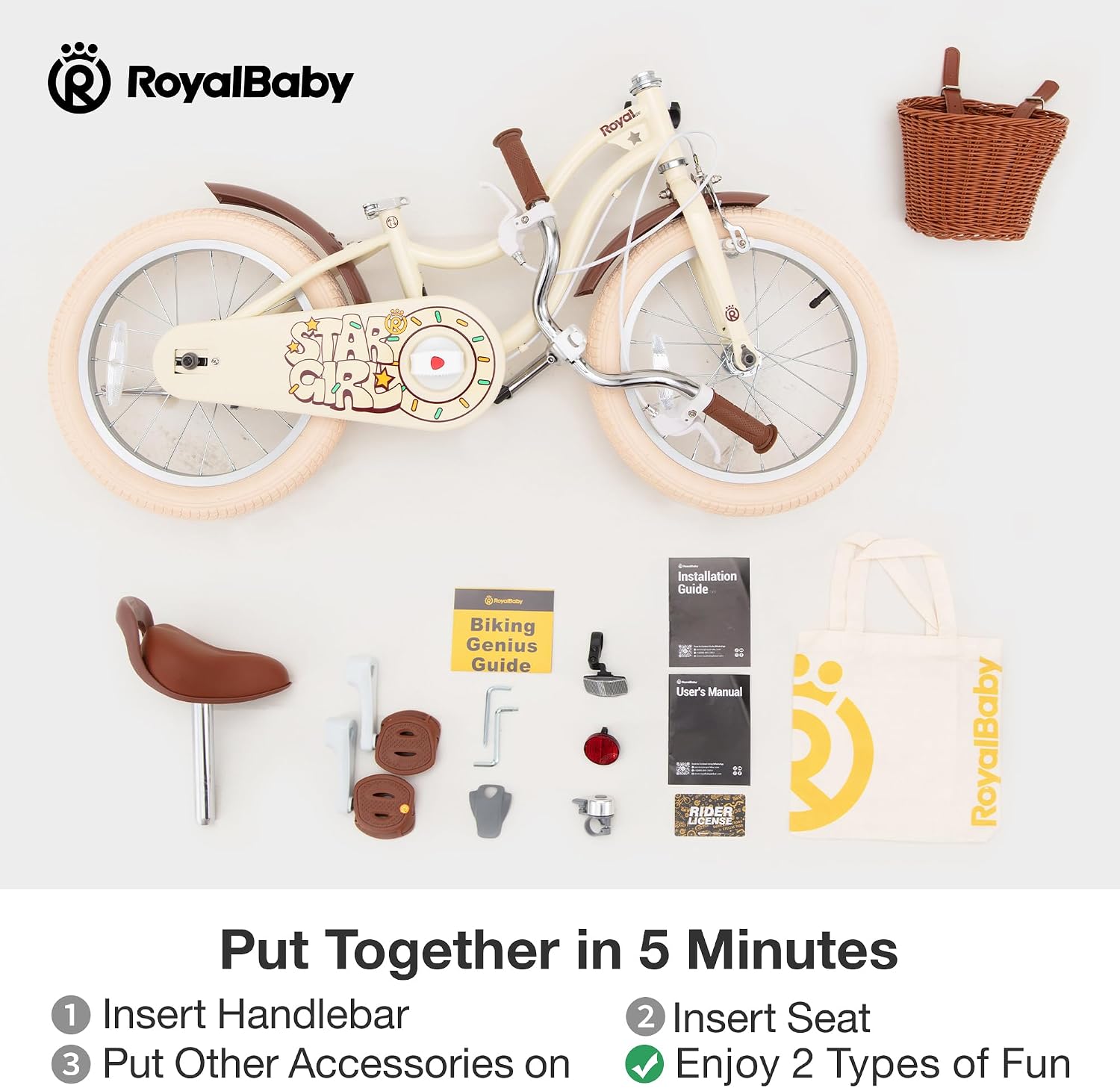 RoyalBaby Girls Bike, Stargirl EZ Kids Bike Balance and Pedal Bicycle with Basket and Dual Handbrake, 12 14 16 18 Inch Toddlers to Big Kids 3-8 Years, Multiple Colors