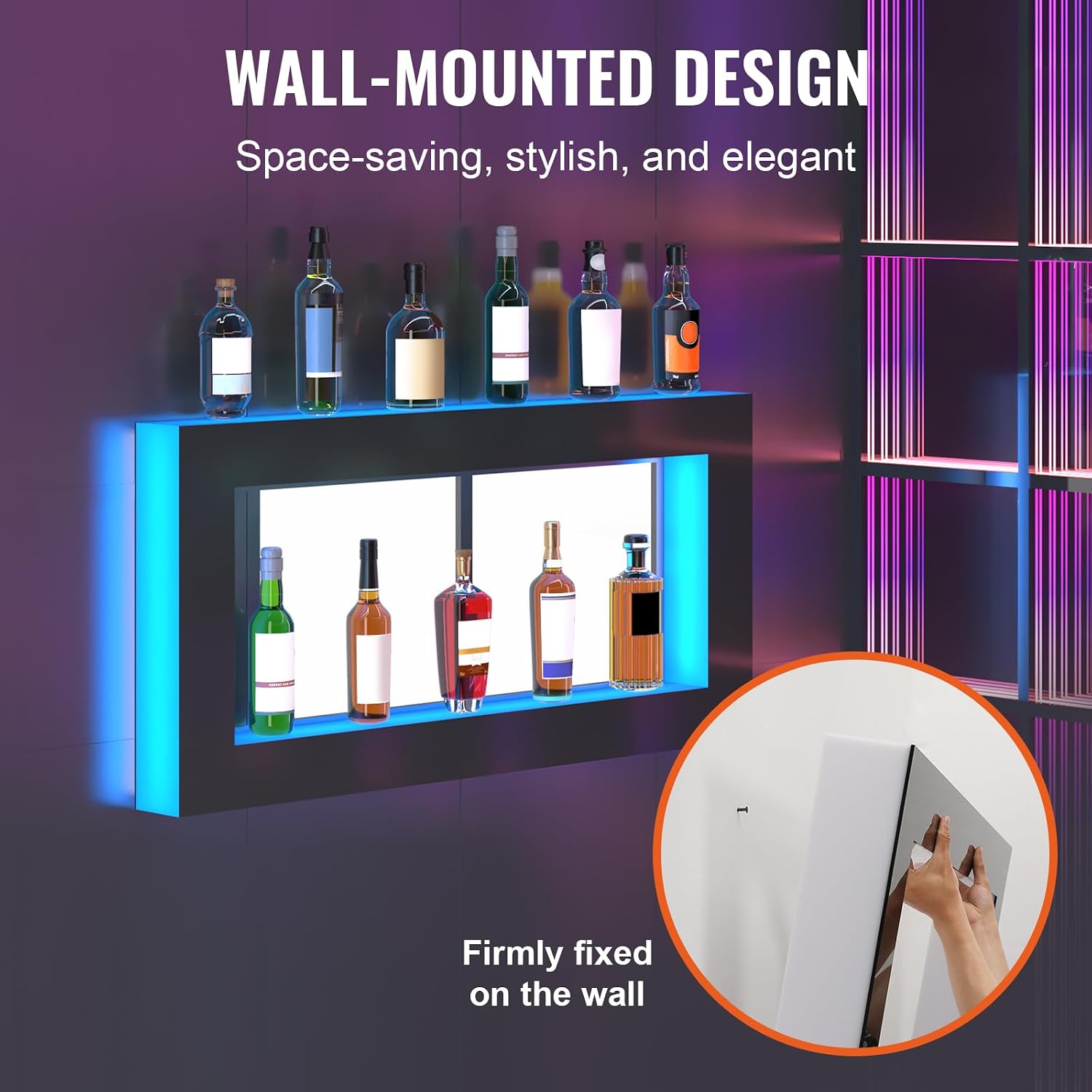 VEVOR LED Lighted Liquor Bottle Display Shelf, Square 48 Inches, Supports USB,Illuminated Home Bar Shelf w/RF Remote & App Control 7 Static Colors 1-4 H Timing, Acrylic Wall-Mounted Shelf