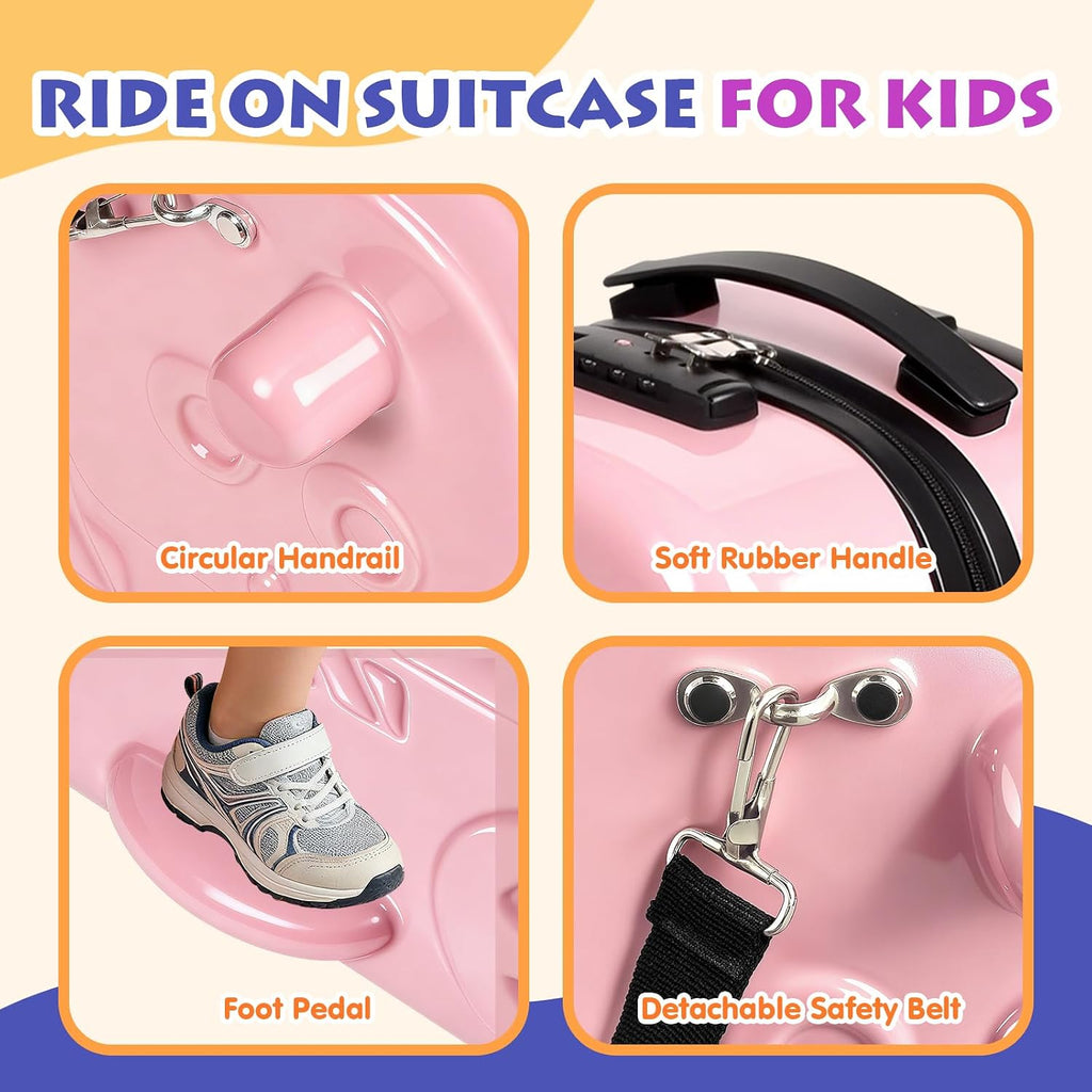 smilesun 22' Kids Ride-On Suitcase with Safety Strap, Multifunctional Kids' Luggage with Double Spinner Wheels, Durable and Lightweight for Boys and Girls Ages 2-10（Pink）