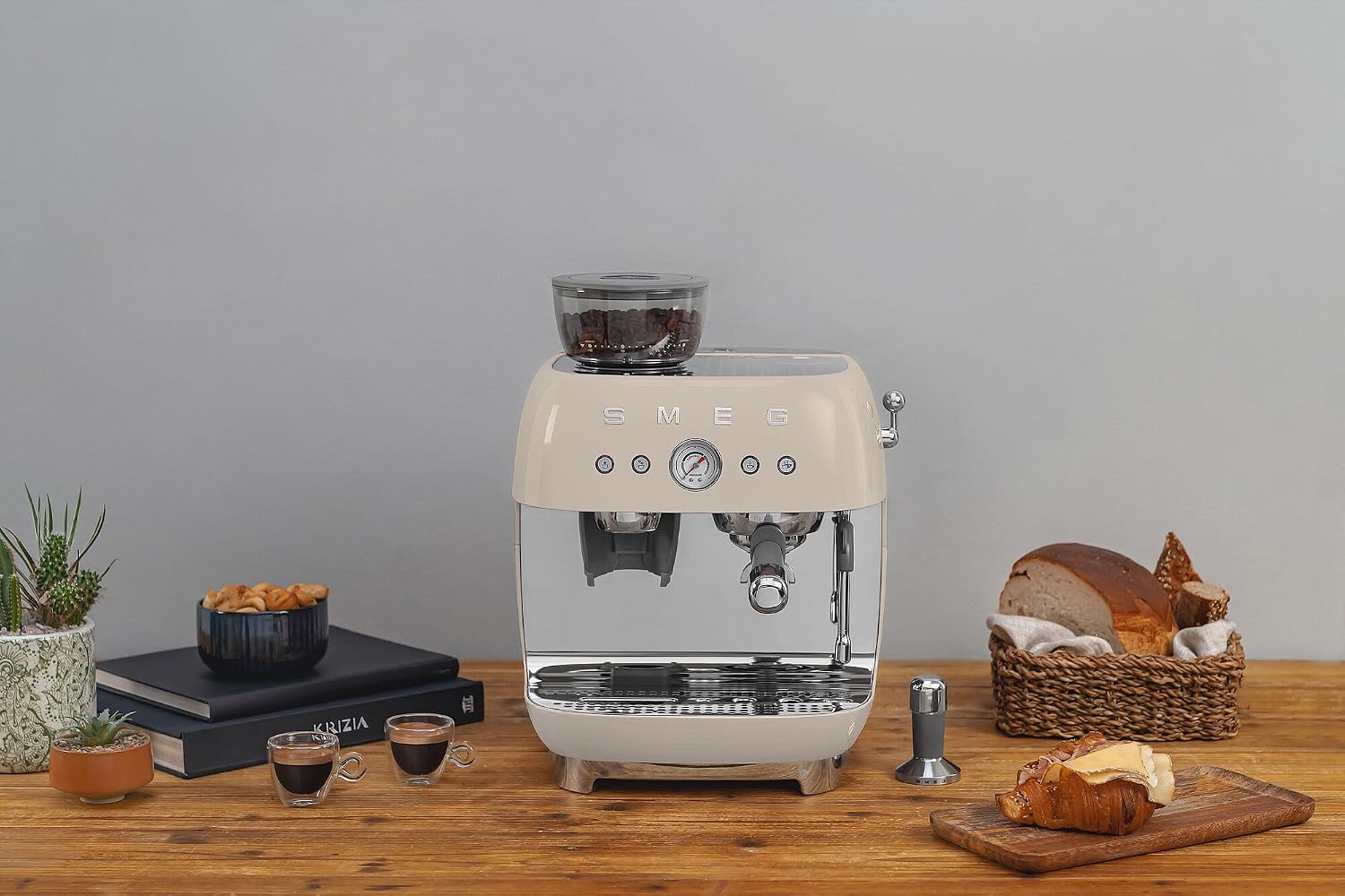 Smeg EGF03 Semi-Automatic Espresso Machine with Built-In Grinder, Dual Thermoblock, 50's Retro Style – Cream (120 V)