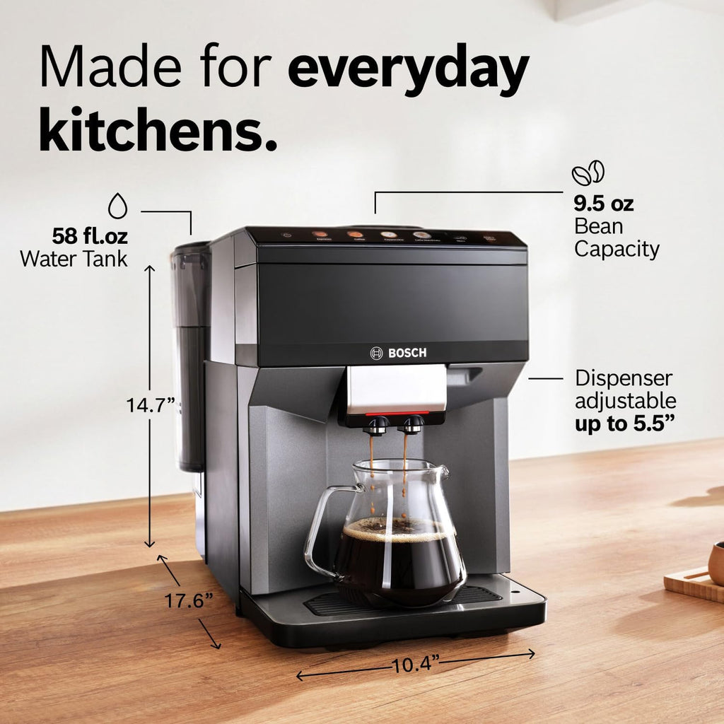Bosch Fully Automatic Coffee and Espresso Machine - 9 Drinks, Barista Quality, Double Cup Super Coffee Maker - Programmable Machine, Large Bean Capacity - Easy Clean, Maintenance - Black - TPU40109