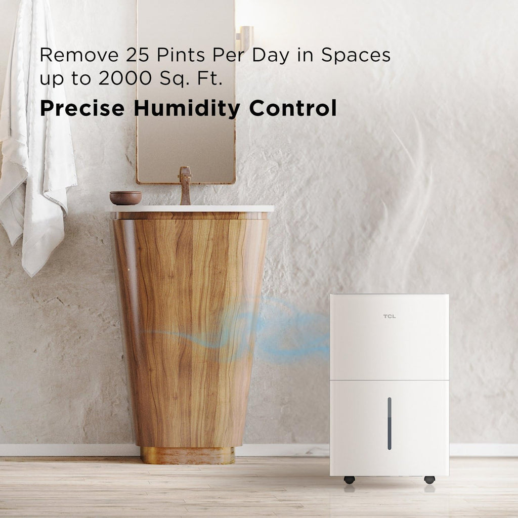 TCL 2000 Sq. Ft. Smart Dehumidifier, Energy Star Most Efficient 2024, Ultra-compact, 25 Pints Per Day, Ideal for Basements, Rooms, and Other Living Spaces, Works with Alexa/Google Assistant – H25D44W