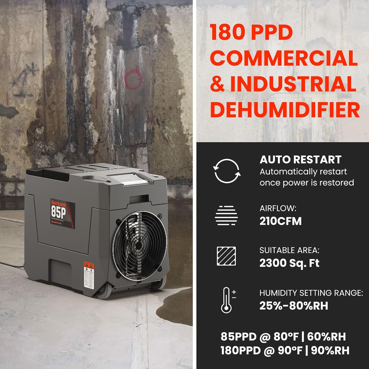 Abestorm 180 PPD Commercial Dehumidifier with Pump, Industrial Dehumidifiers to 2300 Sq.ft for Crawl Space, Water Damage Restoration, Basement, and Garage, with Auto Defrosting, Memory Starting