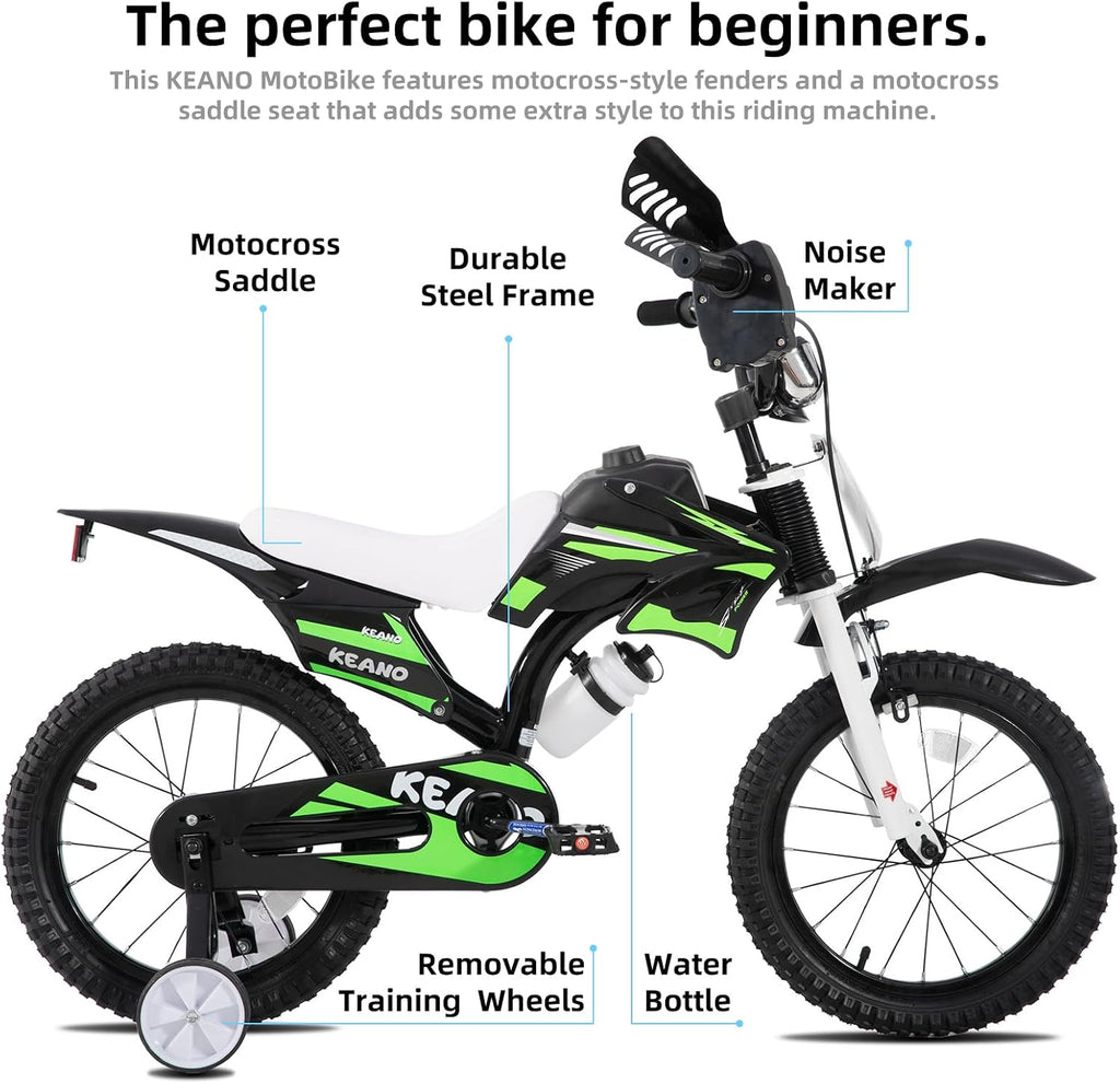 KEANO Motocross Style Kids Bike for Boys Girls Ages 3-7 Years, 12 & 16 Inch Bikes with Training Wheels and Number Plate, Children Bicycles Black
