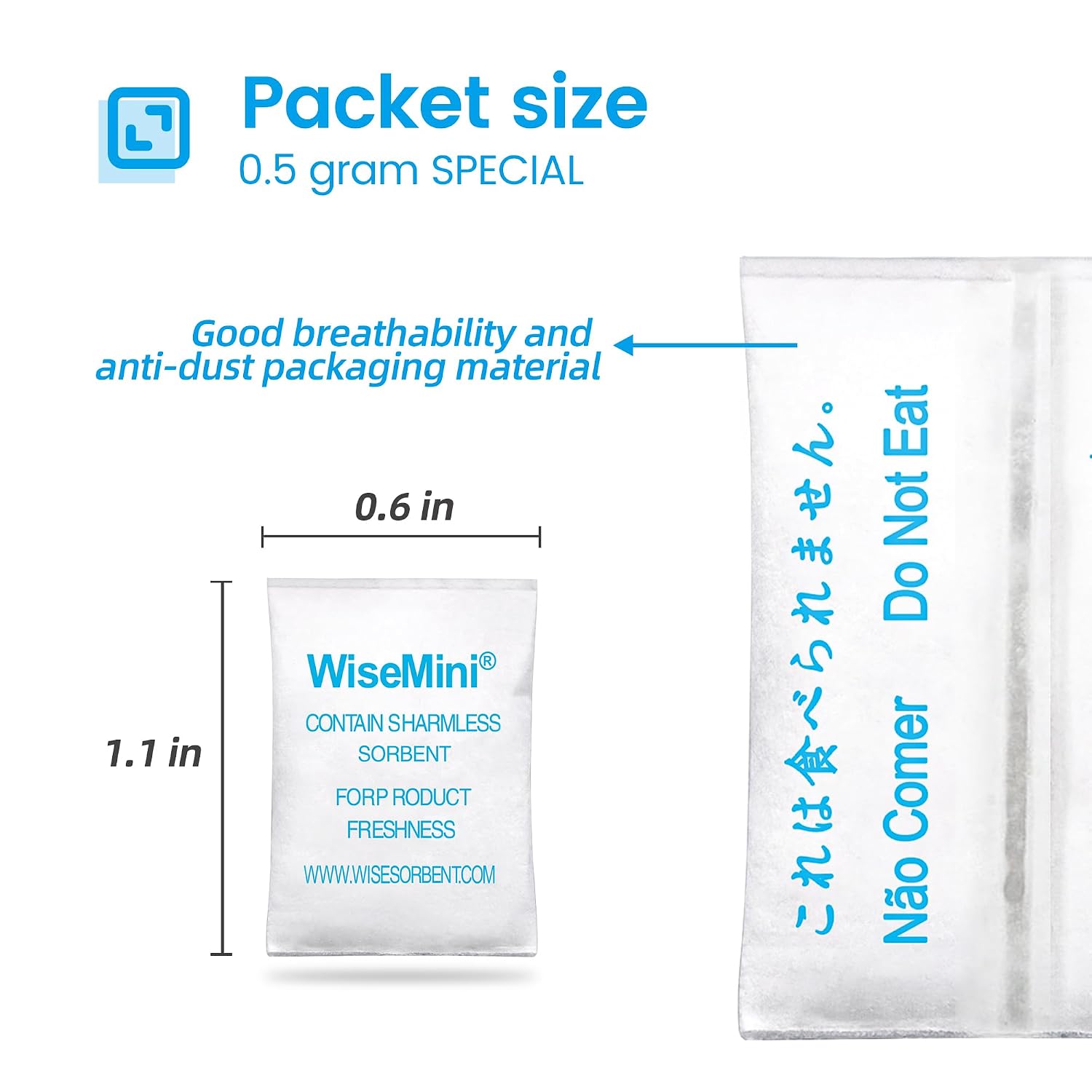 Wisesorb 0.5 Gram 11000 Pack Silica Gel Packs, Dessicant Packets, Moisture Absorbers for Food Storage, Food Grade Desiccant Dehumidifiers, WiseMini
