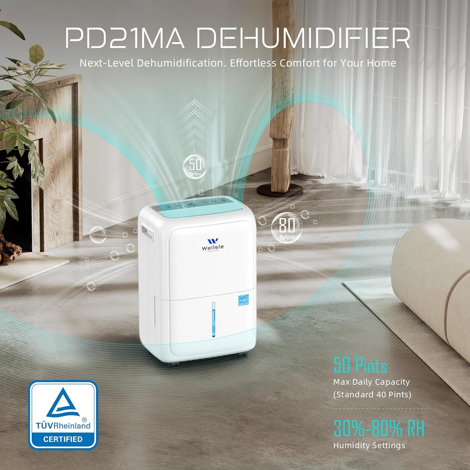Most Efficient Energy Star Dehumidifier, Wellsle 52 Pints Dehumidifier for Basement and Home, Smart Humidity Adjustment with 1.59 Gal Water Tank and Drain Hose 42dB Quiet Operation for Bedroom