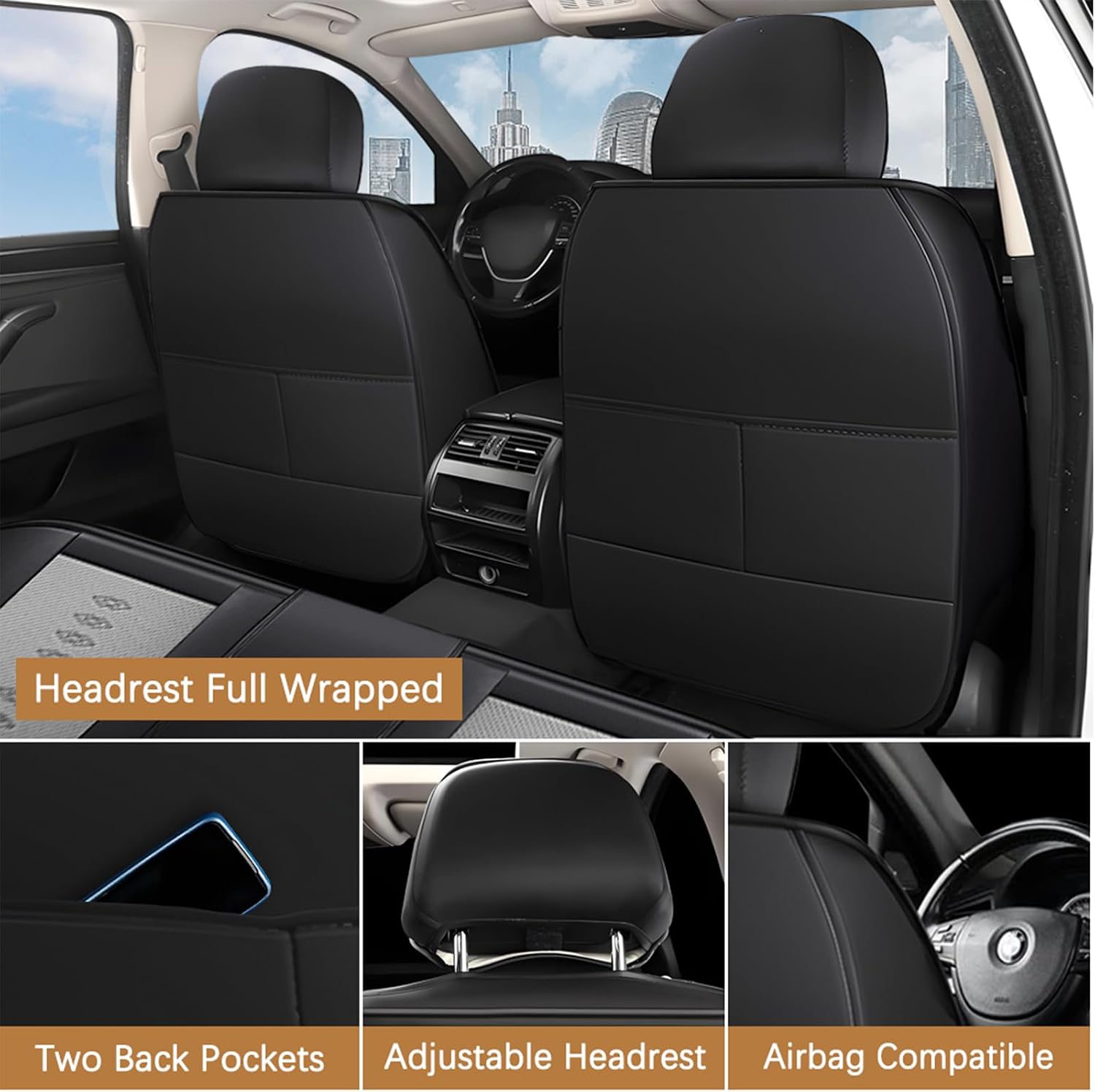 Premium Leather Seat Covers for Nissan 370Z 2009-2020,Car Seat Covers Front Set,Waterproof Car Seat Protectors with Airbag,Comfort Interior Cover Seats for Cars(Black+Grey,Pillows)