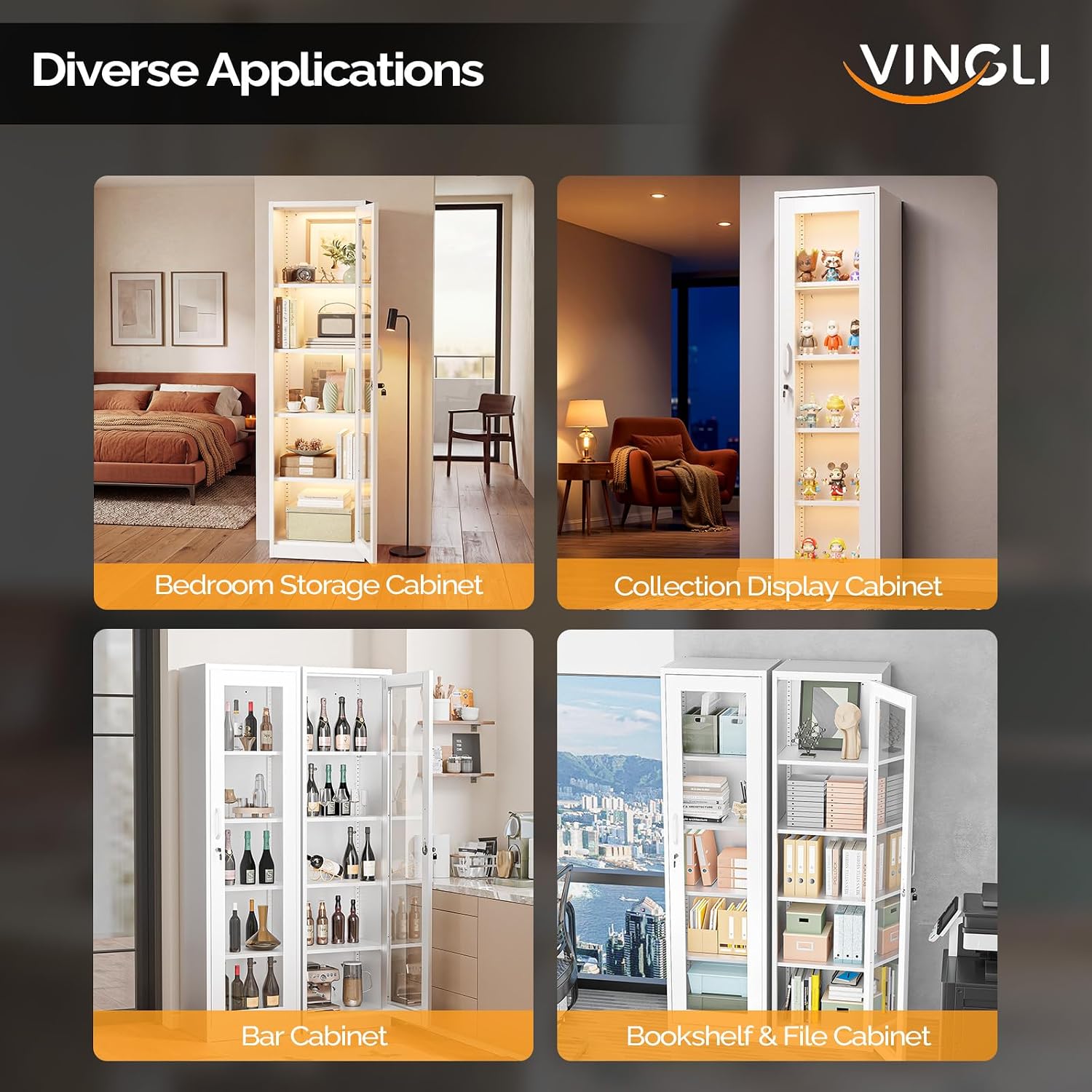 VINGLI Lockable Display Cabinet with Glass Door & 4 Adjustable Shelves, 65' Tall Metal Storage Cabinet Curio Liquor, Bookshelf Bookcase for Home Office Living Room Pantry Garage (White)