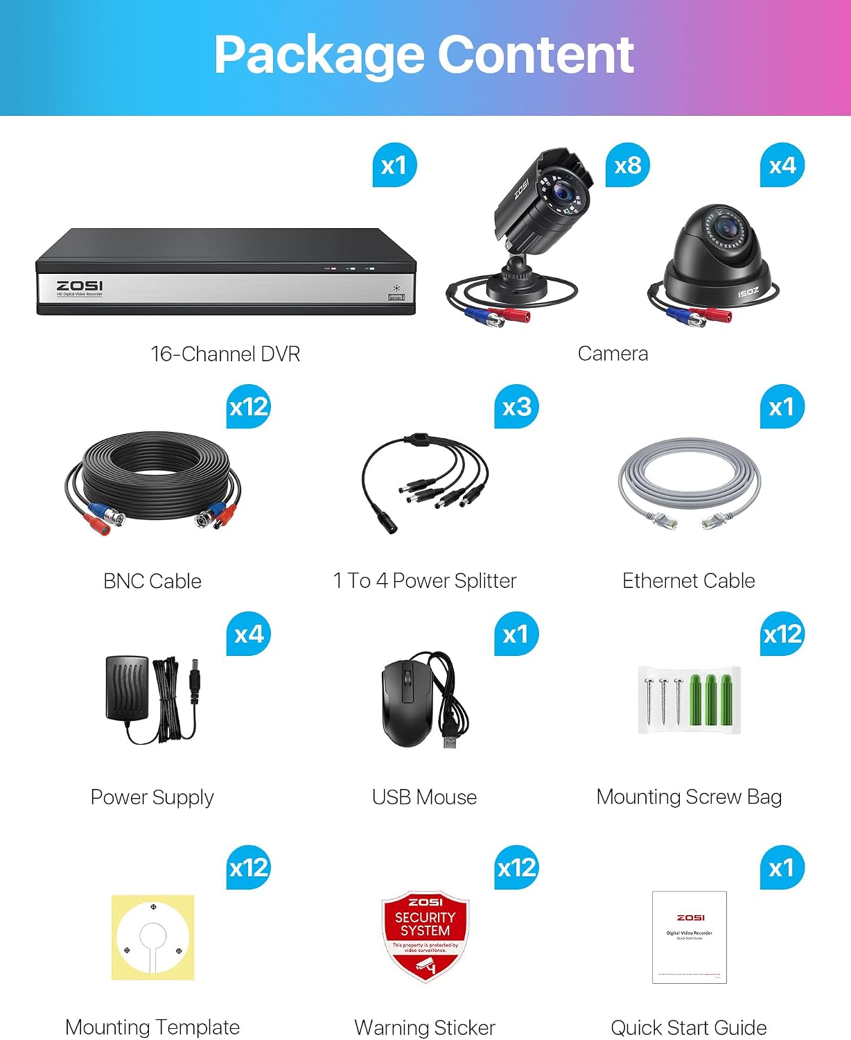ZOSI 16CH 1080P Surveillance Cameras System 16 channel security video DVR and (8) Bullet Cameras (4) Dome Cameras with 2TB Hard Drive for Outdoor Indoor Security support motion detection remote access