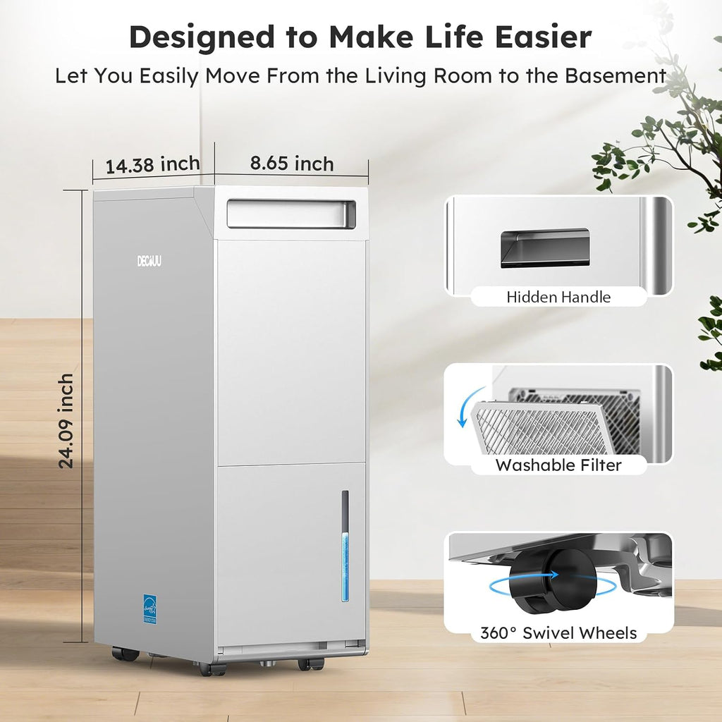 5000 Sq.Ft Energy Star Most Efficient 2024 Dehumidifier,DECIUU Max 100 Pint Dehumidifier for Basement with Drain Hose,Intelligent Humidity Control for Home Bathroom Garage Bedroom