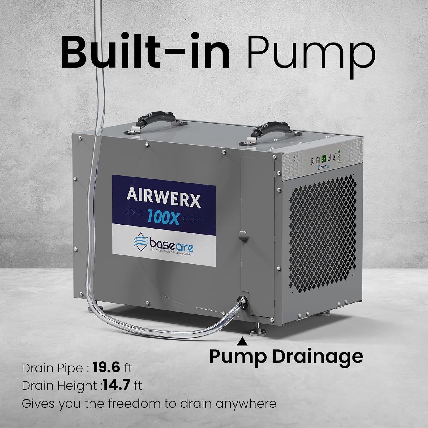 BaseAire 220 Pints Crawlspace Dehumidifiers with Pump and Drain Hose, Commercial Dehumidifier for Home,Garage and Basement, Large Capacity, Compact, Auto Defrost, Intelligent Control, Up to 2900 Sq Ft