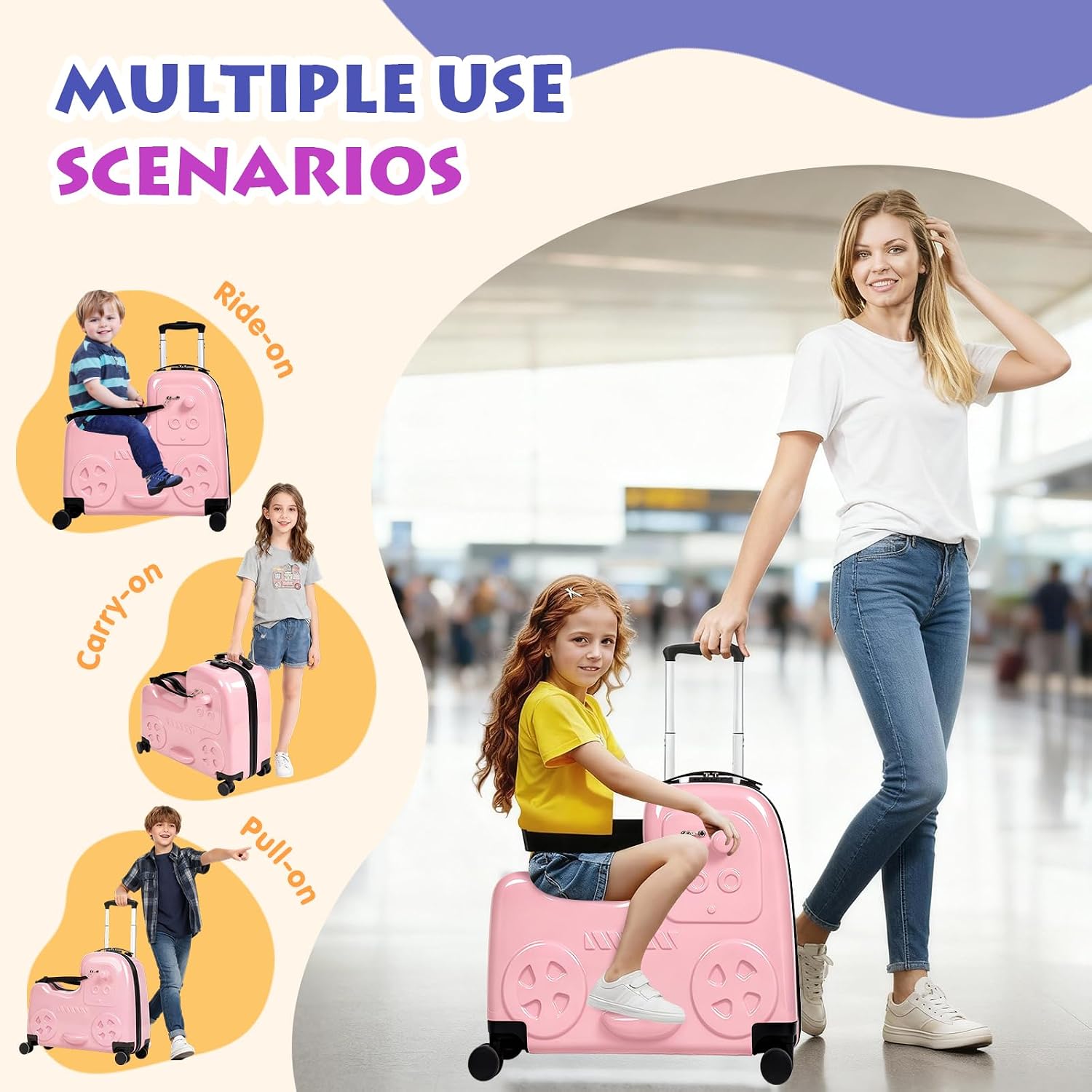 smilesun 22' Kids Ride-On Suitcase with Safety Strap, Multifunctional Kids' Luggage with Double Spinner Wheels, Durable and Lightweight for Boys and Girls Ages 2-10（Pink）
