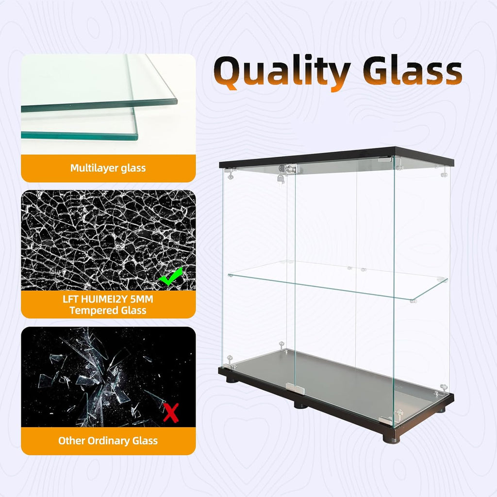 LFT HUIMEI2Y Glass Display Cabinet 2-Shelf with Double Door, Curio Cabinets Fast Installation in 30 Mins, Tempered Glass Floor Standing Bookshelf for Bedroom, Living Room 32.8'x 31.7'x 14.4' Black
