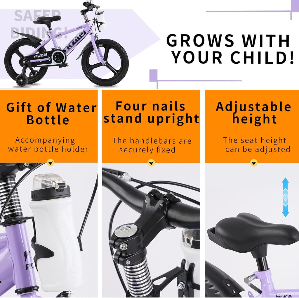 Kids Bike 16/18 Inch – High Carbon Steel Frame, Magnesium Alloy Wheels, Training Wheels with Night Glow, Adjustable Seat, Water Bottle – Girls & Boys Bicycle Ages 3-8