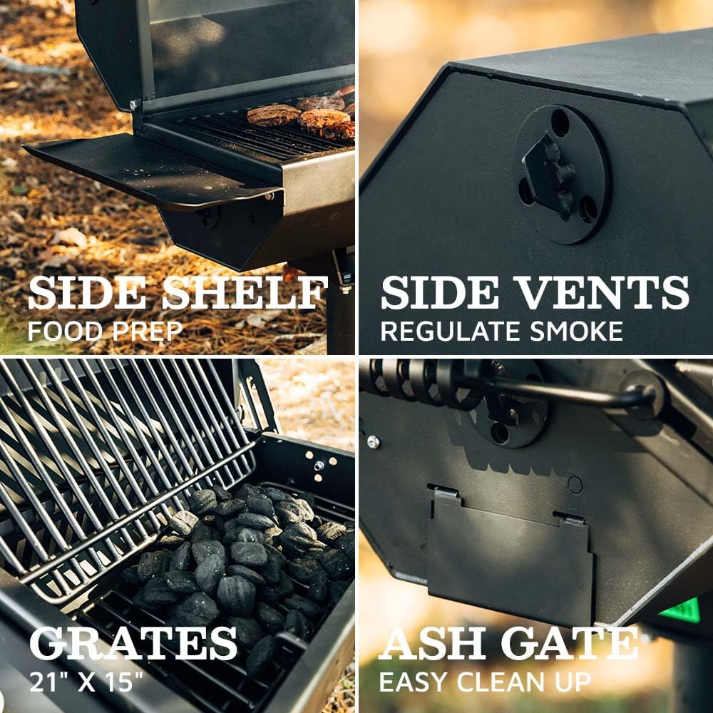 Ash & Ember Park-Style Grill & Smoker, 390 Sq. In Charcoal Grill with Cover, Side Shelf for BBQ Cooking Prep & Accessories, Single Post Barbeque Grill, Outdoor Grills & Smokers