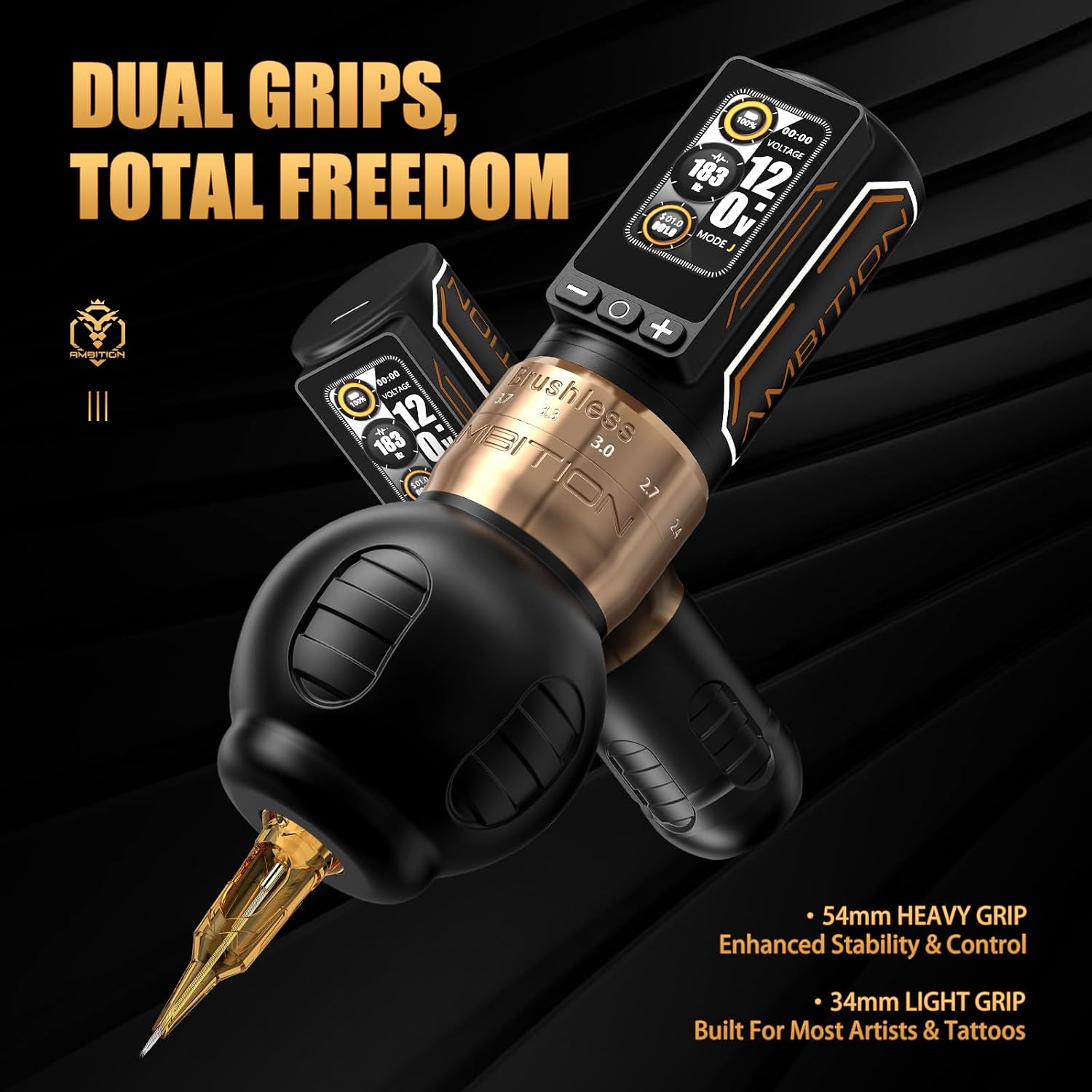 Ambition Rotary Tattoo Gun, Ninja Max 280 Wireless Tattoo Pen Machine with 280 g.cm Torque Brushless Motor, 7 Adjustable Stroke 2.4-4.5mm, Dual 2400mAh Batteries 54mm & 34mm Grips Tattoo Supply
